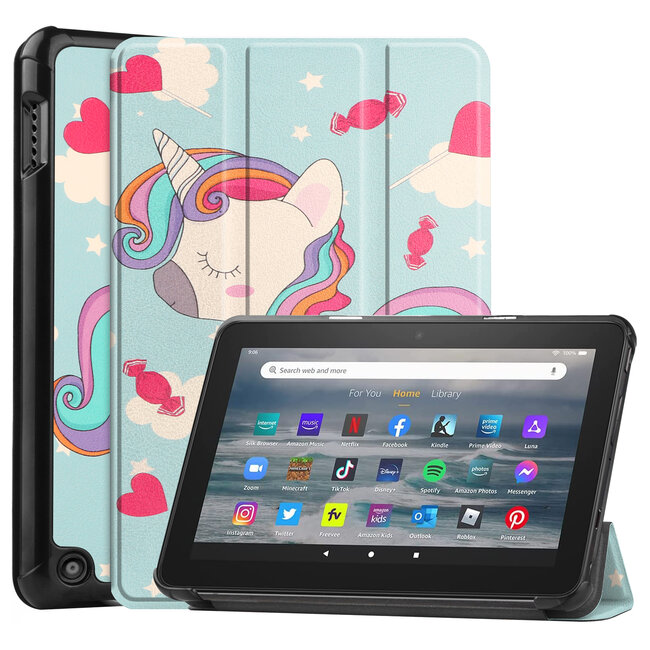 Tablet hoes geschikt voor Amazon Fire 7 (2022) tri-fold hoesje - book case met auto/wake functie - Eenhoorn