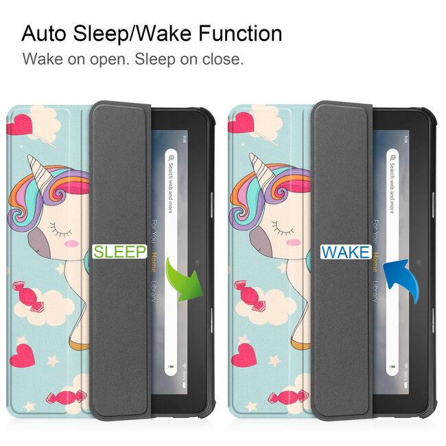 Tablet hoes geschikt voor Amazon Fire 7 (2022) tri-fold hoesje - book case met auto/wake functie - Eenhoorn