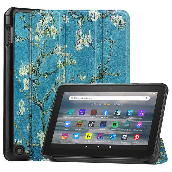 Tablet hoes geschikt voor Amazon Fire 7 (2022) tri-fold hoesje - book case met auto/wake functie - Witte Bloesem