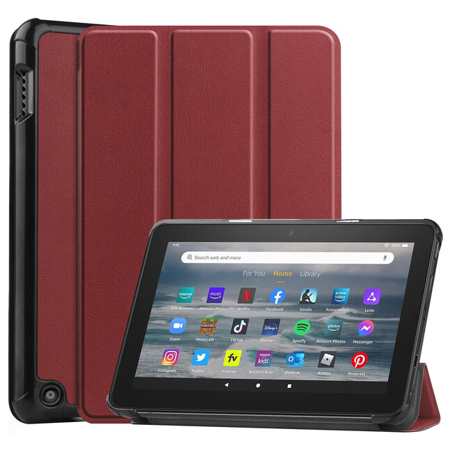 Tablet hoes geschikt voor Amazon Fire 7 (2022) tri-fold hoesje - book case met auto/wake functie - Donker Rood