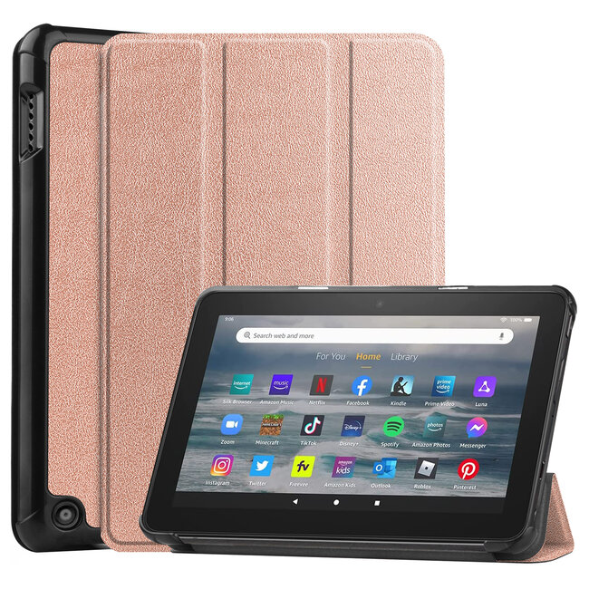 Tablet hoes geschikt voor Amazon Fire 7 (2022) tri-fold hoesje - book case met auto/wake functie - Rosé-Goud