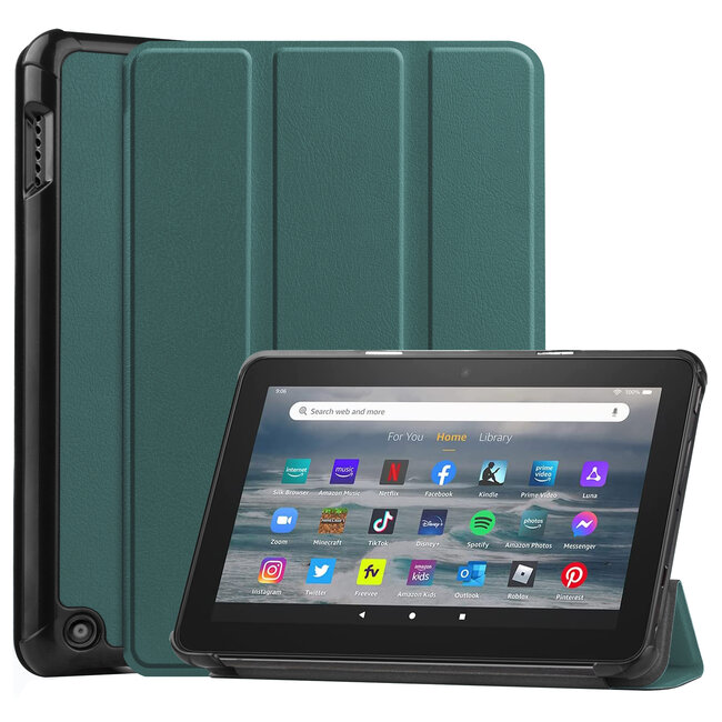 Tablet hoes geschikt voor Amazon Fire 7 (2022) tri-fold hoesje - book case met auto/wake functie - Donker Groen