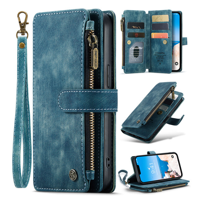 CaseMe - Telefoonhoesje geschikt voor Apple iPhone 14 - Wallet Book Case met ritssluiting - Magneetsluiting - Blauw