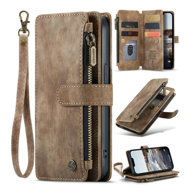 CaseMe - Telefoonhoesje geschikt voor Apple iPhone 14 Plus - Wallet Book Case met ritssluiting - Magneetsluiting - Bruin