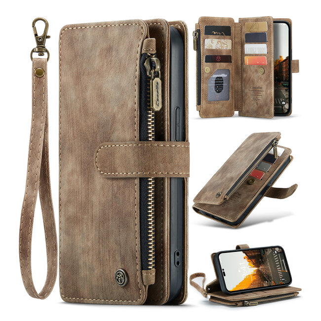 CaseMe - Telefoonhoesje geschikt voor Apple iPhone 14 Pro - Wallet Book Case met ritssluiting - Magneetsluiting - Bruin