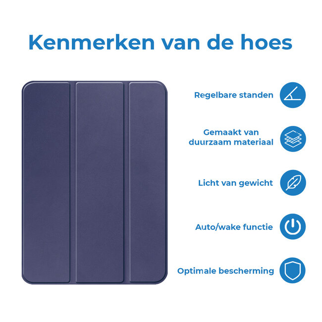 Case2go - Tablet hoes geschikt voor Apple iPad 11 (2025) A16 / Apple iPad 10.9 (2022) - Tri-fold hoes met Auto/Wake functie en Magnetische sluiting - Donker Blauw