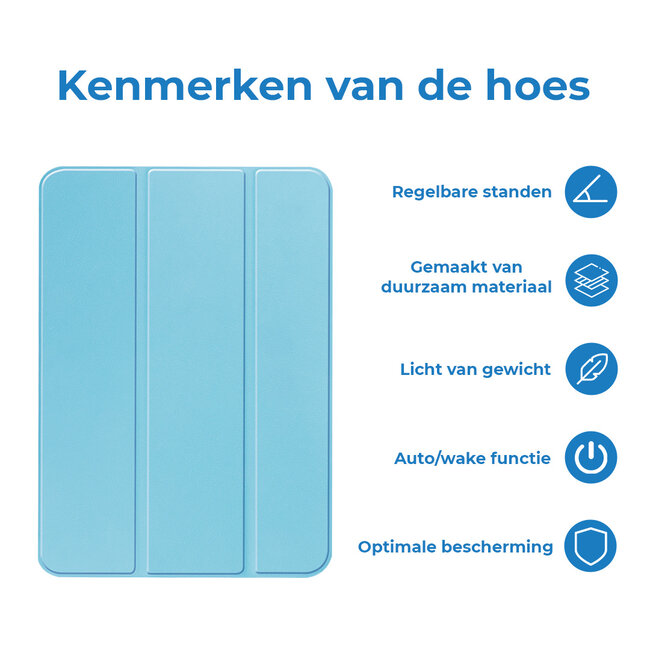 Case2go - Tablet hoes geschikt voor Apple iPad 11 (2025) A16 / Apple iPad 10.9 (2022) - Tri-fold hoes met Auto/Wake functie en Magnetische sluiting - Licht Blauw