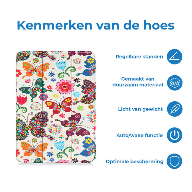Case2go - Tablet hoes geschikt voor Apple iPad 11 (2025) A16 / Apple iPad 10.9 (2022) - Tri-fold hoes met Auto/Wake functie en Magnetische sluiting - Vlinders