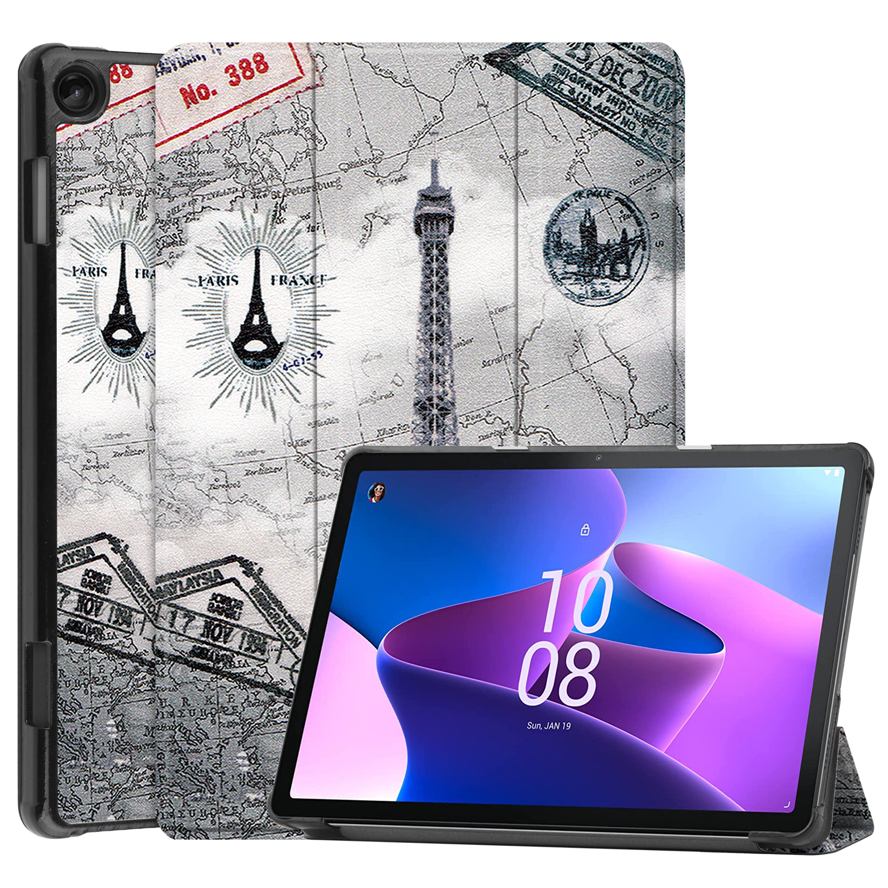 Case2go - Tablet hoes geschikt voor Lenovo Tab M10 (3e generatie) (TB328FU, TB328XU) - 10.1 inch - Tri-Fold Book Case met Auto/Wake functie - Eiffeltoren afbeelding