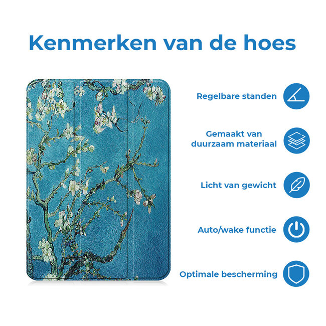 Case2go - Tablet hoes geschikt voor Lenovo Tab M10 (3e generatie) (TB328FU, TB328XU) - 10.1 inch - Tri-Fold Book Case met Auto/Wake functie - Witte Bloesem