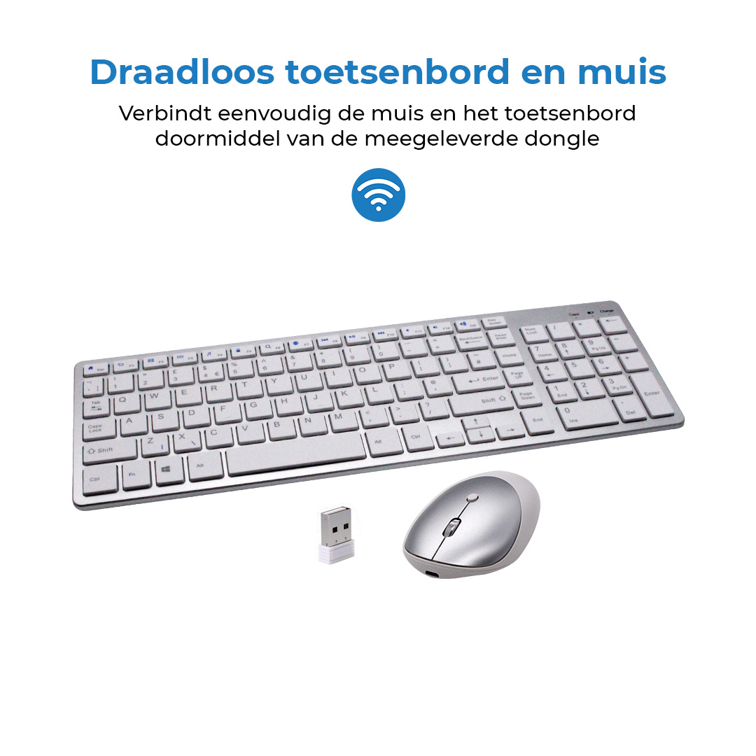 - Draadloos Toetsenbord en Muis - QWERTY - 2.4G Keyboard - Oplaadbaar - Met USB Dongle - Universeel - Silver | Case2go.nl