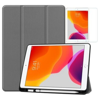 Case2go Tablet hoes geschikt voor Ipad 10.2 Inch 2019 / 2020 / 2021 - Tri-Fold Book Case met Apple Pencil houder + Screenprotector - Grijs