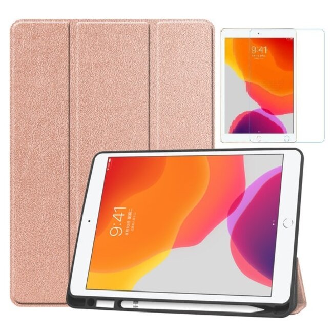 Tablet hoes geschikt voor Ipad 10.2 Inch 2019 / 2020 / 2021 - Tri-Fold Book Case met Apple Pencil houder + Screenprotector - RosÃ© Goud
