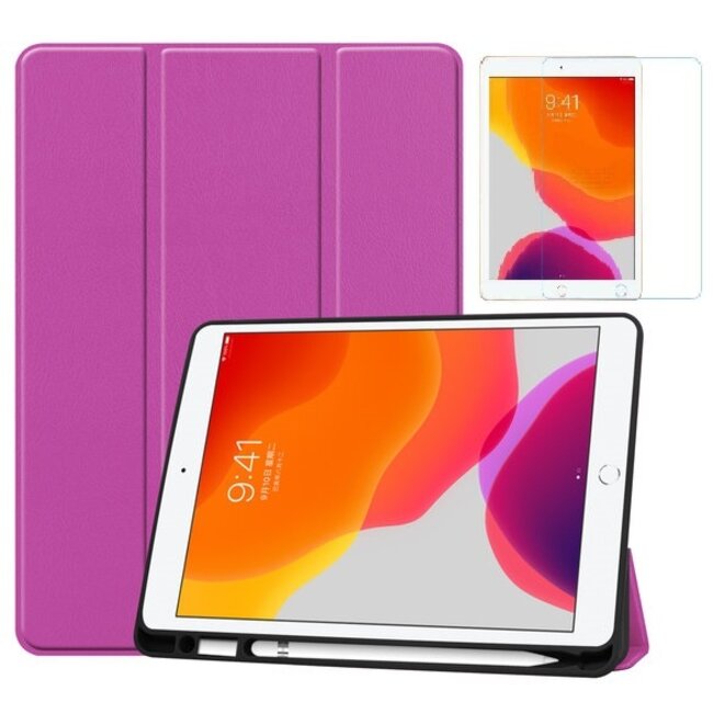 Tablet hoes geschikt voor Ipad 10.2 Inch 2019 / 2020 / 2021 - Tri-Fold Book Case met Apple Pencil houder + Screenprotector - Paars
