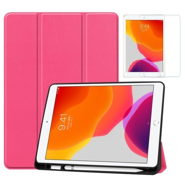Tablet hoes geschikt voor Ipad 10.2 Inch 2019 / 2020 / 2021 - Tri-Fold Book Case met Apple Pencil houder + Screenprotector - Magenta