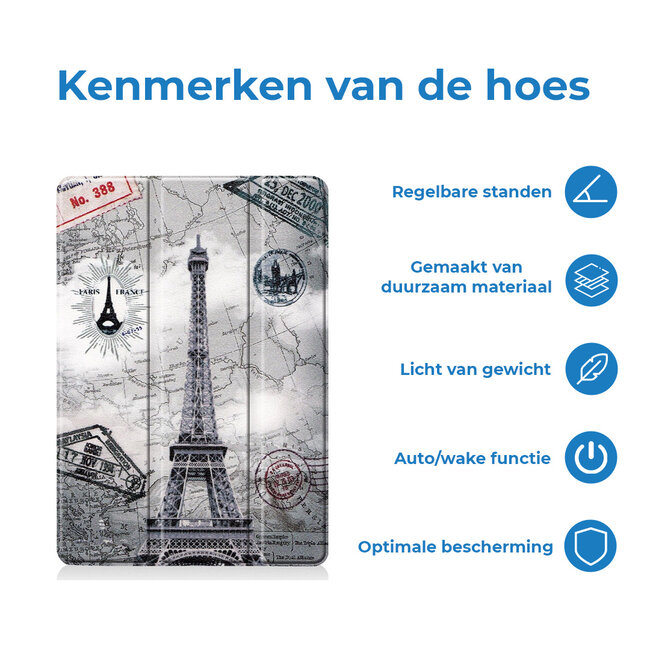 Tablet hoes geschikt voor Apple iPad 2021 / 2020 / 2019 tri-fold hoes - 10.2 inch - Case met Auto Wake/Sleep functie - Eiffeltoren