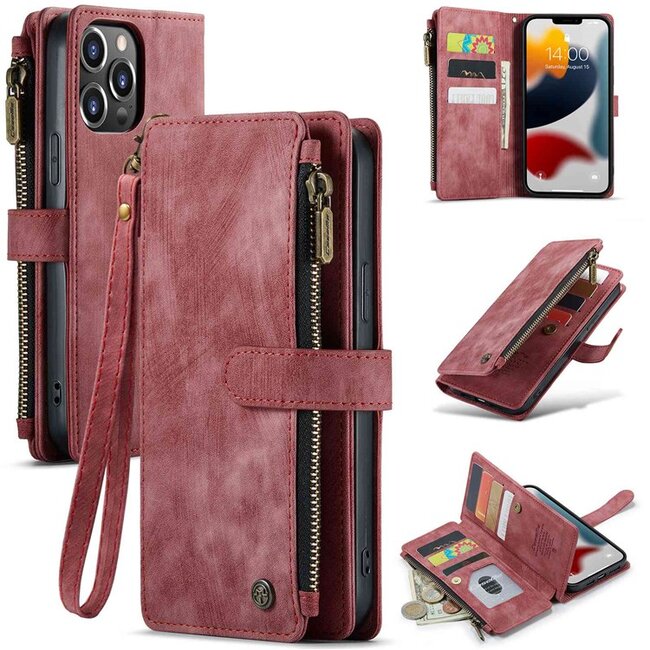 CaseMe - Telefoonhoesje geschikt voor iPhone 13 Pro Max - Wallet Book Case met ritssluiting - Magneetsluiting - Roze