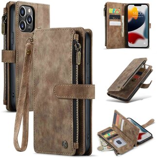 CaseMe CaseMe - Telefoonhoesje geschikt voor iPhone 13 Pro Max - Wallet Book Case met ritssluiting - Magneetsluiting - Bruin