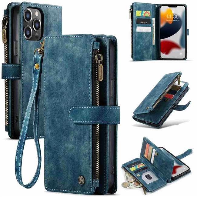 CaseMe - Telefoonhoesje geschikt voor iPhone 13 Pro Max - Wallet Book Case met ritssluiting - Magneetsluiting - Blauw