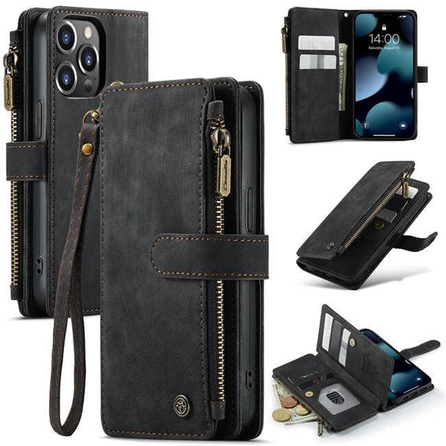 CaseMe - Telefoonhoesje geschikt voor iPhone 13 Pro - Wallet Book Case met ritssluiting - Magneetsluiting - Zwart