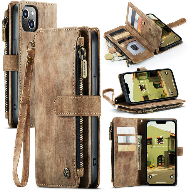 CaseMe - Telefoonhoesje geschikt voor iPhone 14 Plus - Wallet Book Case met ritssluiting - Magneetsluiting - Bruin