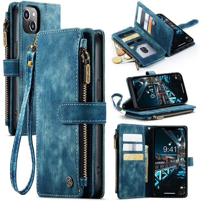 CaseMe - Telefoonhoesje geschikt voor iPhone 14 Plus - Wallet Book Case met ritssluiting - Magneetsluiting - Blauw