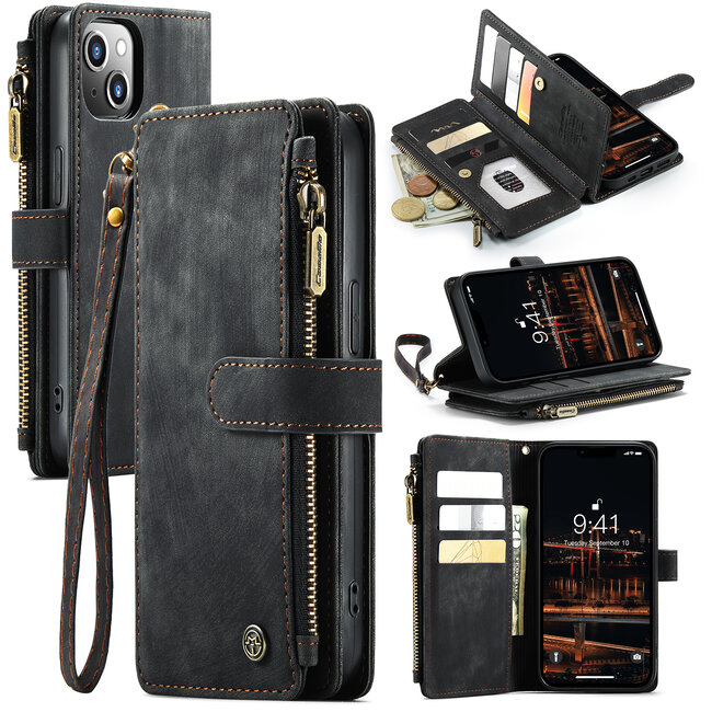 CaseMe - Telefoonhoesje geschikt voor iPhone 14 Plus - Wallet Book Case met ritssluiting - Magneetsluiting - Zwart