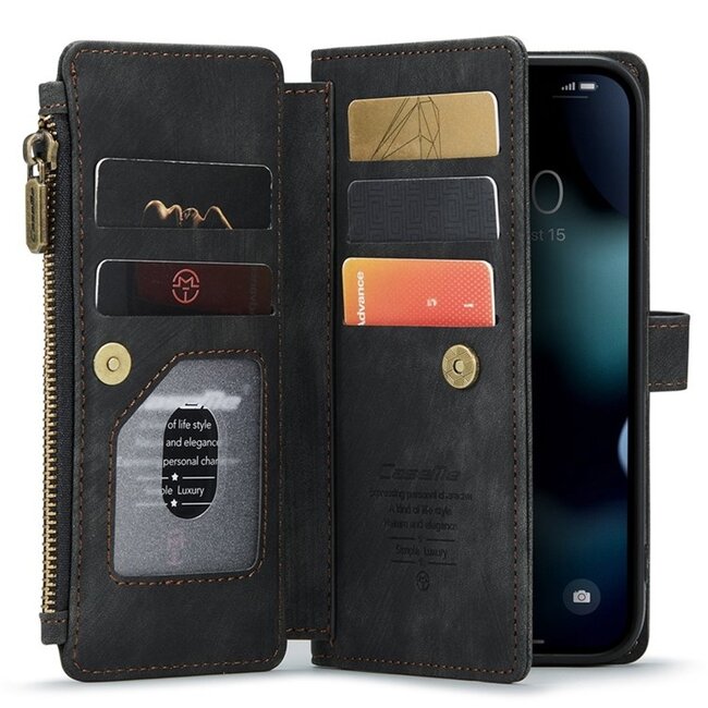 CaseMe - Telefoonhoesje geschikt voor Apple iPhone 13 Mini - Wallet Book Case met ritssluiting - Magneetsluiting - Zwart