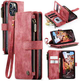 CaseMe CaseMe - Telefoonhoesje geschikt voor iPhone 14 Pro - Wallet Book Case met ritssluiting - Magneetsluiting - Rood