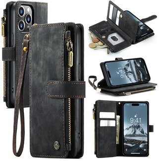 CaseMe CaseMe - Telefoonhoesje geschikt voor iPhone 14 Pro - Wallet Book Case met ritssluiting - Magneetsluiting - Zwart