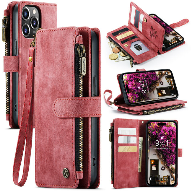 CaseMe - Telefoonhoesje geschikt voor iPhone 14 Pro Max - Wallet Book Case met ritssluiting - Magneetsluiting - Rood