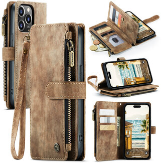 CaseMe CaseMe - Telefoonhoesje geschikt voor iPhone 14 Pro Max - Wallet Book Case met ritssluiting - Magneetsluiting - Bruin