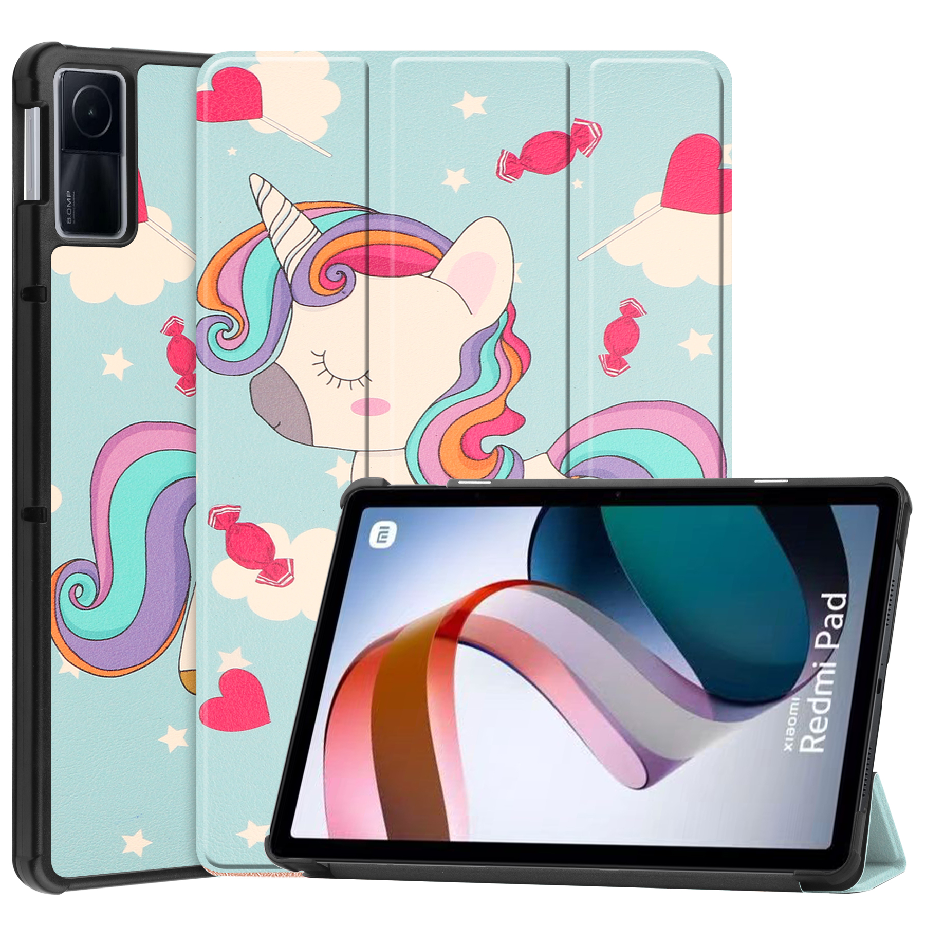 Case2go - Hoes geschikt voor Xiaomi Redmi Pad - 10.6 inch Book Case - Auto Sleep/Wake Up functie - Eenhoorn afbeelding