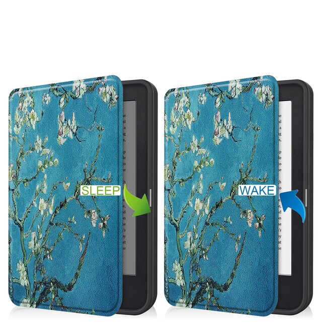 E-reader Hoes geschikt voor Kobo Clara 2E - Sleepcover - Tri-Fold Book Case - Auto/Wake functie - Magnetische sluiting - Witte Bloesem