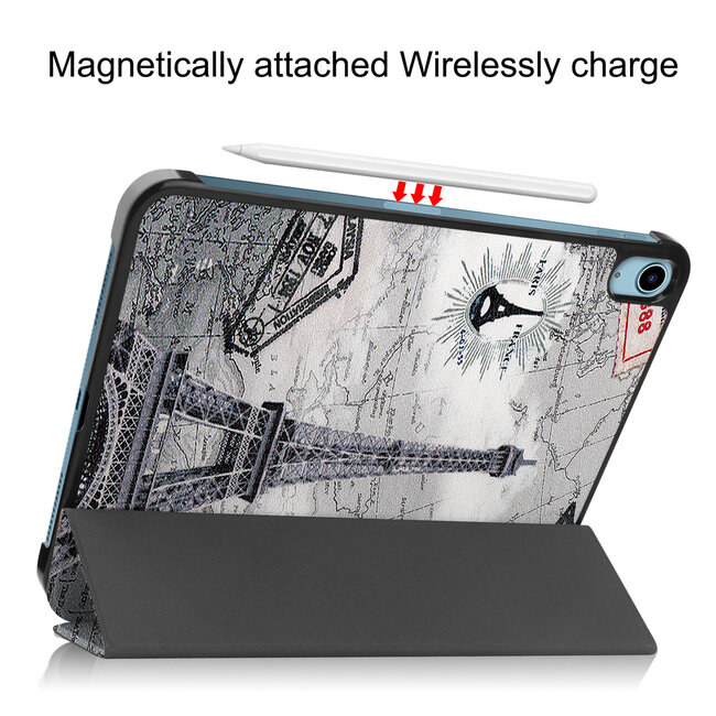 Case2go - Tablet hoes geschikt voor Apple iPad 11 (2025) A16 / Apple iPad 10.9 (2022) - Tri-fold hoes met Auto/Wake functie en Magnetische sluiting - Eiffeltoren