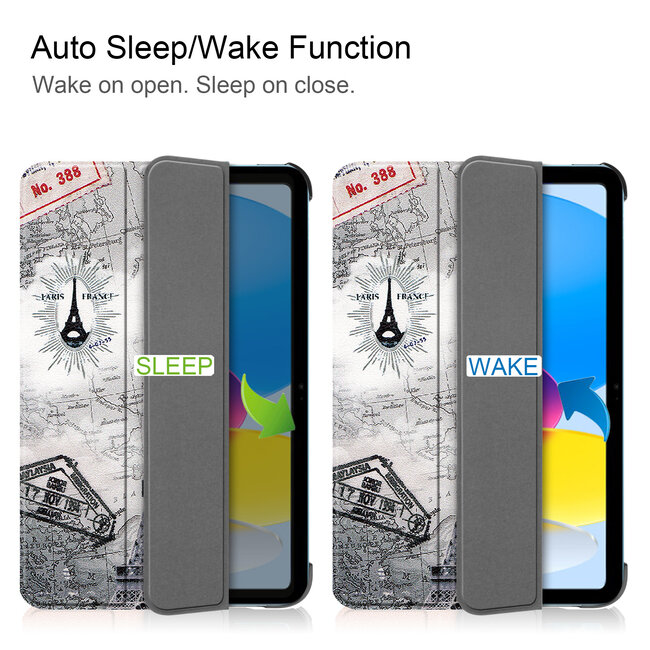 Case2go - Tablet hoes geschikt voor Apple iPad 11 (2025) A16 / Apple iPad 10.9 (2022) - Tri-fold hoes met Auto/Wake functie en Magnetische sluiting - Eiffeltoren