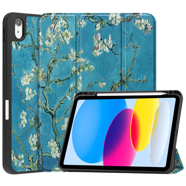 Case2go - Tablet hoes geschikt voor Apple iPad 11 (2025) A16 / Apple iPad 10.9 (2022) - Tri-fold hoes met Auto/Wake functie en Magnetische sluiting - TPU Cover Met Pencil Houder - Witte Bloesem