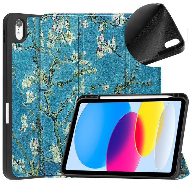 Case2go - Tablet hoes geschikt voor Apple iPad 11 (2025) A16 / Apple iPad 10.9 (2022) - Tri-fold hoes met Auto/Wake functie en Magnetische sluiting - TPU Cover Met Pencil Houder - Witte Bloesem