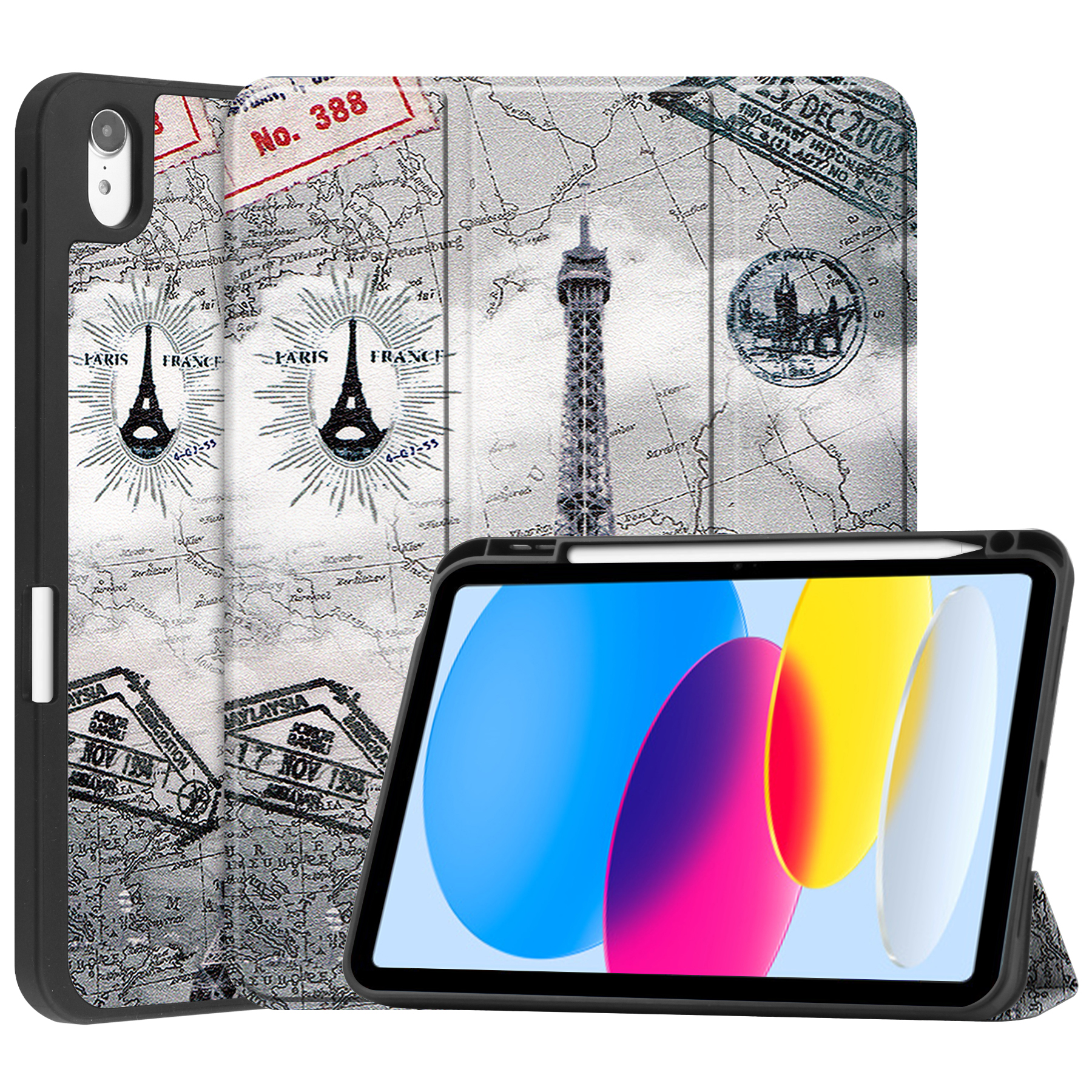 Case2go - Tablet hoes geschikt voor Apple iPad 11 (2025) A16 / Apple iPad 10.9 (2022) - Tri-fold hoes met Auto/Wake functie en Magnetische sluiting - TPU Cover Met Pencil Houder - Eiffeltoren afbeelding