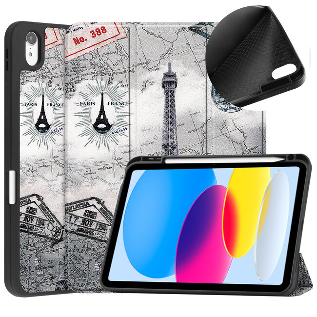 Case2go - Tablet hoes geschikt voor Apple iPad 11 (2025) A16 / Apple iPad 10.9 (2022) - Tri-fold hoes met Auto/Wake functie en Magnetische sluiting - TPU Cover Met Pencil Houder - Eiffeltoren