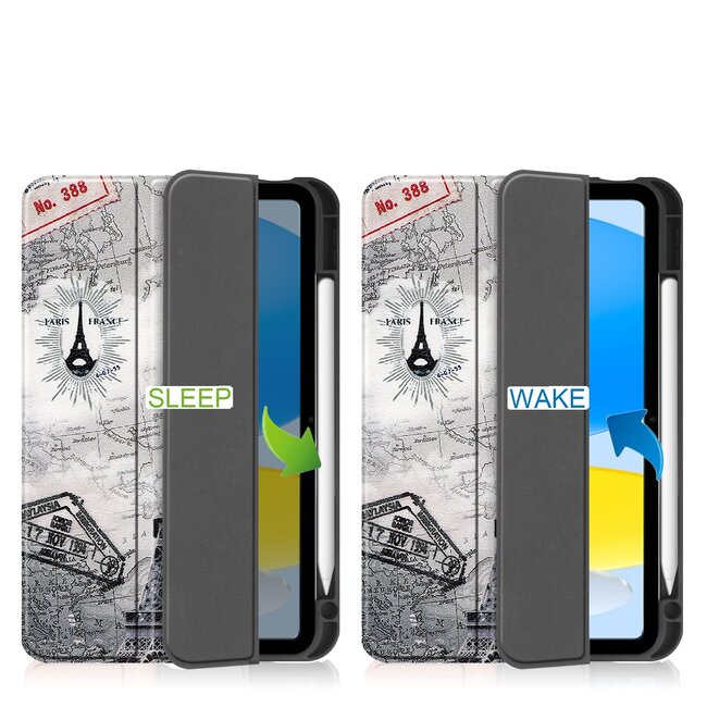 Case2go - Tablet hoes geschikt voor Apple iPad 11 (2025) A16 / Apple iPad 10.9 (2022) - Tri-fold hoes met Auto/Wake functie en Magnetische sluiting - TPU Cover Met Pencil Houder - Eiffeltoren