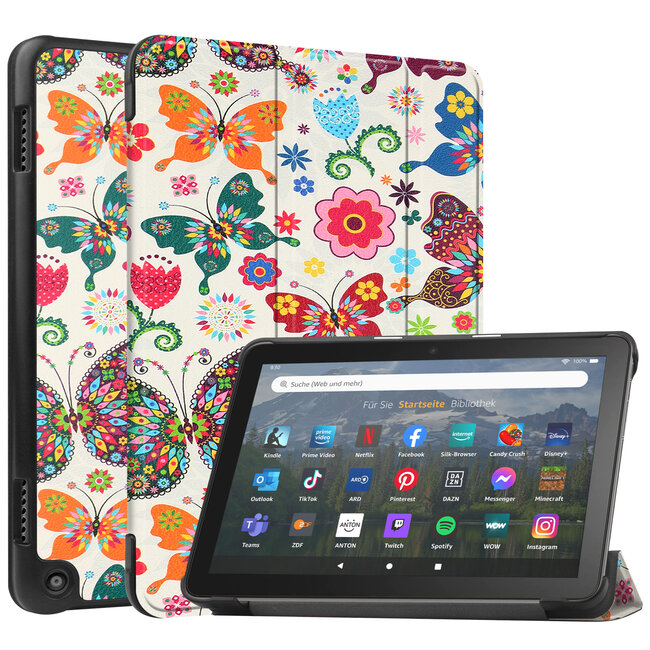 Case2go - Tablet hoes geschikt voor Amazon Fire 8 HD (2022) - 8 Inch Tri-fold cover - Met Touchpad &amp; Stand functie - Vlinder