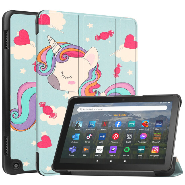 Case2go - Tablet hoes geschikt voor Amazon Fire 8 HD (2022) - 8 Inch Tri-fold cover - Met Touchpad &amp; Stand functie - Eenhoorn