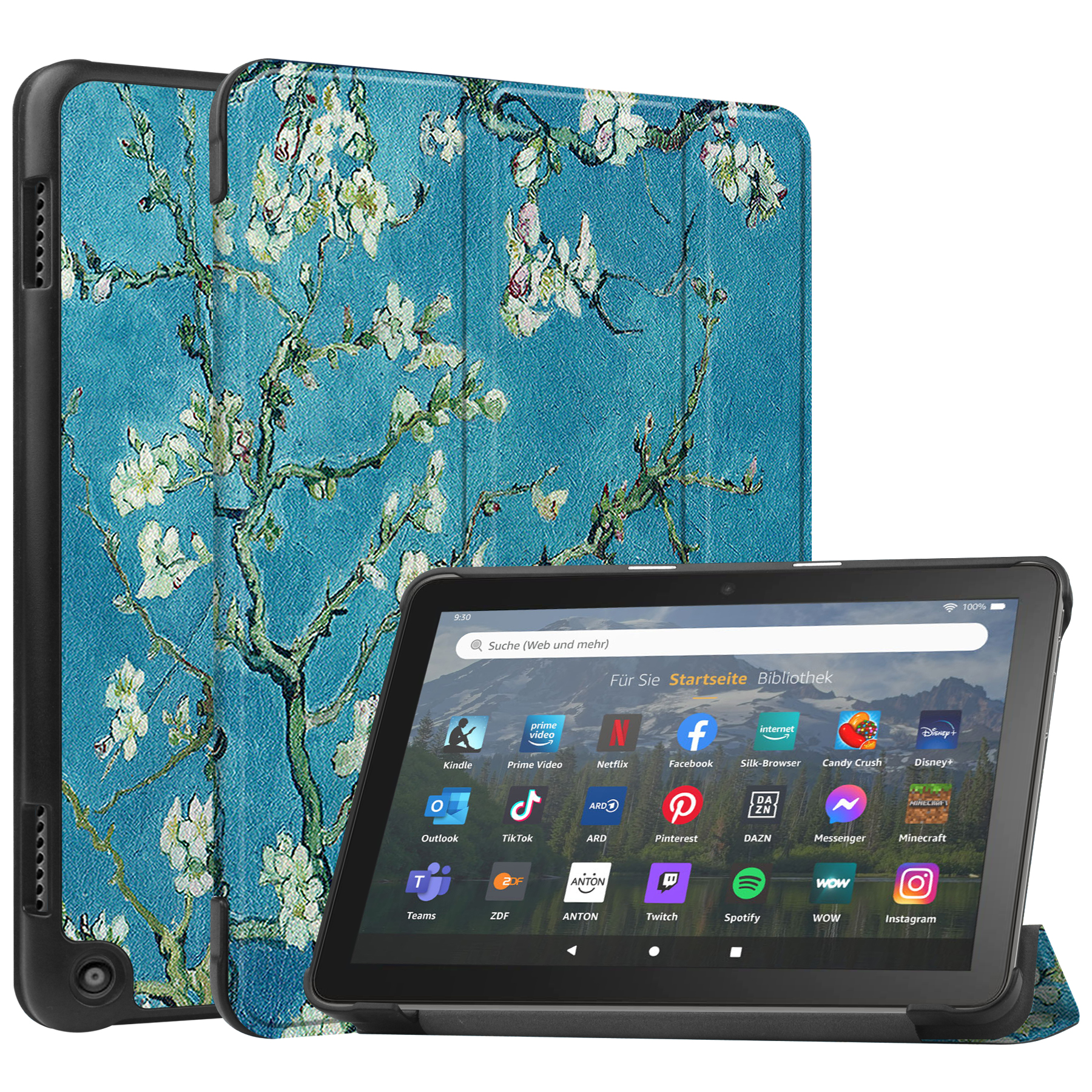 Case2go - Tablet hoes geschikt voor Amazon Fire 8 HD (2022) - 8 Inch Tri-fold cover - Met Touchpad &amp; Stand functie - Witte Bloesem afbeelding
