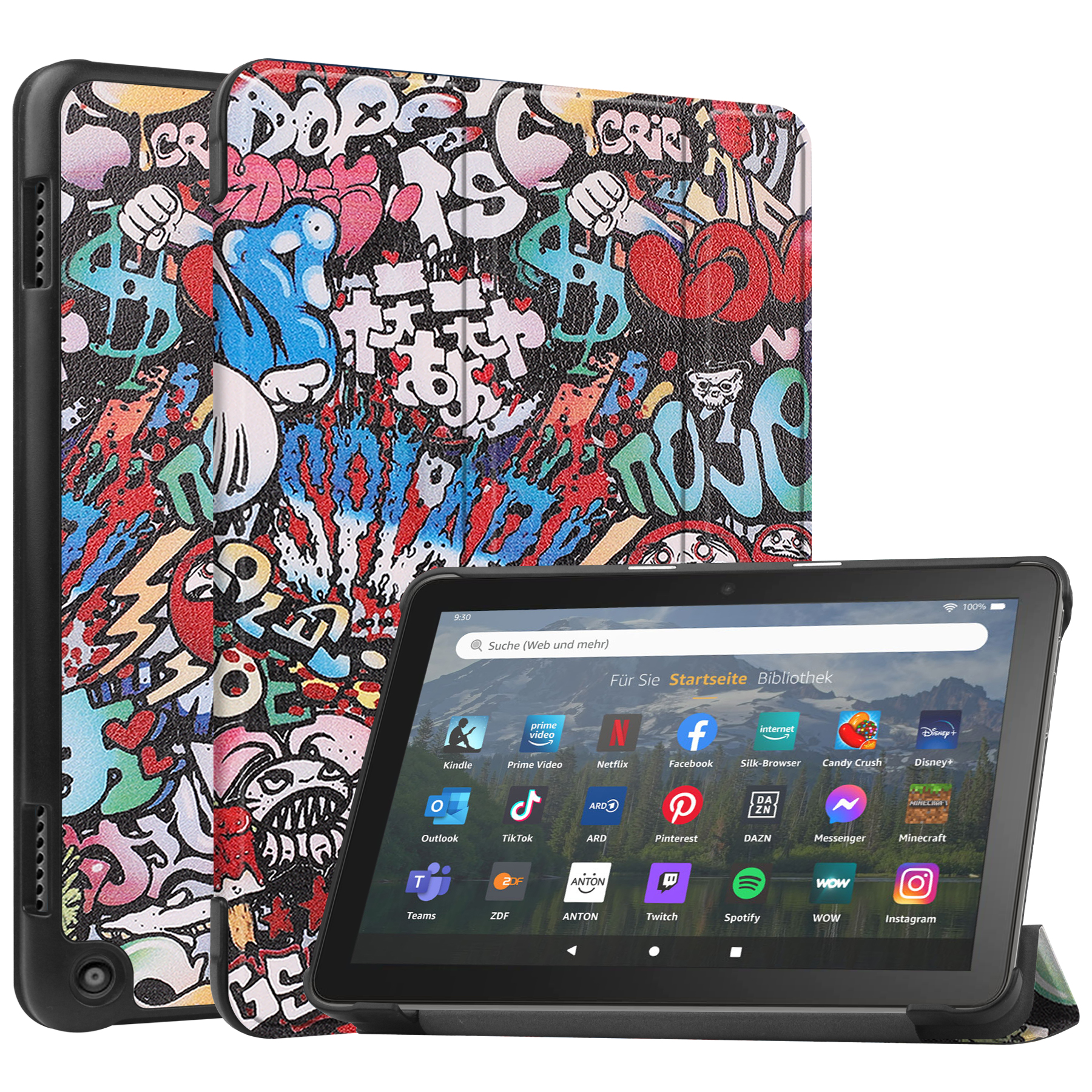 Case2go - Tablet hoes geschikt voor Amazon Fire 8 HD (2022) - 8 Inch Tri-fold cover - Met Touchpad &amp; Stand functie - Grafitti afbeelding