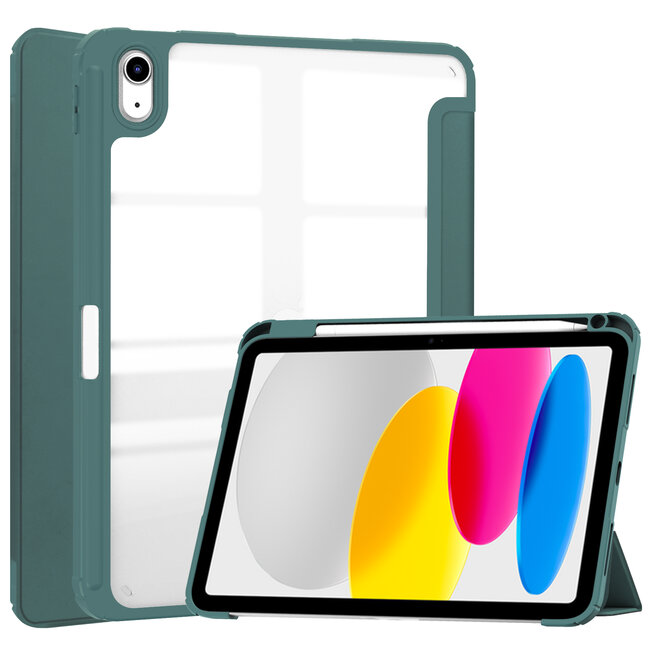 Case2go - Tablet hoes geschikt voor Apple iPad 11 (2025) A16 / Apple iPad 10.9 (2022) - Transparante Case - Tri-fold Back Cover - Met Pencil Houder en Auto Wake/Sleep functie - Donker Groen