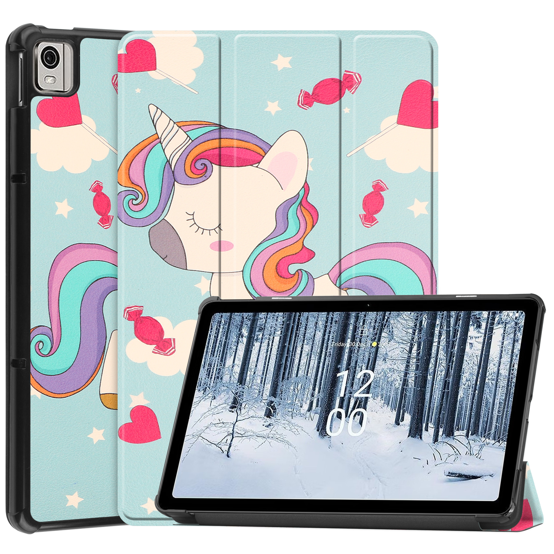 Case2go - Tablet Hoes geschikt voor Nokia T21 (2022) - 10.4 Inch - Tri-Fold Book Case - Met Auto Sleep/Wake functie - Eenhoorn afbeelding