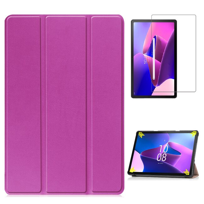 Case2go - Tablet hoes & Screenprotector geschikt voor Lenovo Tab M10 (3e generatie) (TB328FU, TB328XU) - 10.1 inch - Tri-Fold Book Case met Auto/Wake functie - Paars