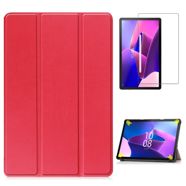 Case2go - Tablet hoes & Screenprotector geschikt voor Lenovo Tab M10 (3e generatie) (TB328FU, TB328XU) - 10.1 inch - Tri-Fold Book Case met Auto/Wake functie - Rood