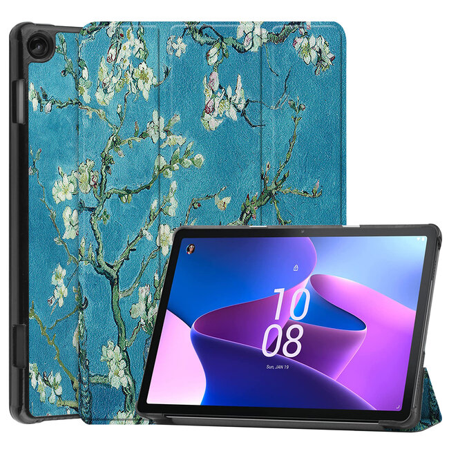 Case2go - Tablet hoes & Screenprotector geschikt voor Lenovo Tab M10 (3e generatie) (TB328FU, TB328XU) - 10.1 inch - Tri-Fold Book Case met Auto/Wake functie - Witte Bloesem